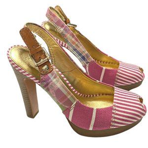 Coach Berli logo patchwork striped peep toe slingback platform heels pink multi
